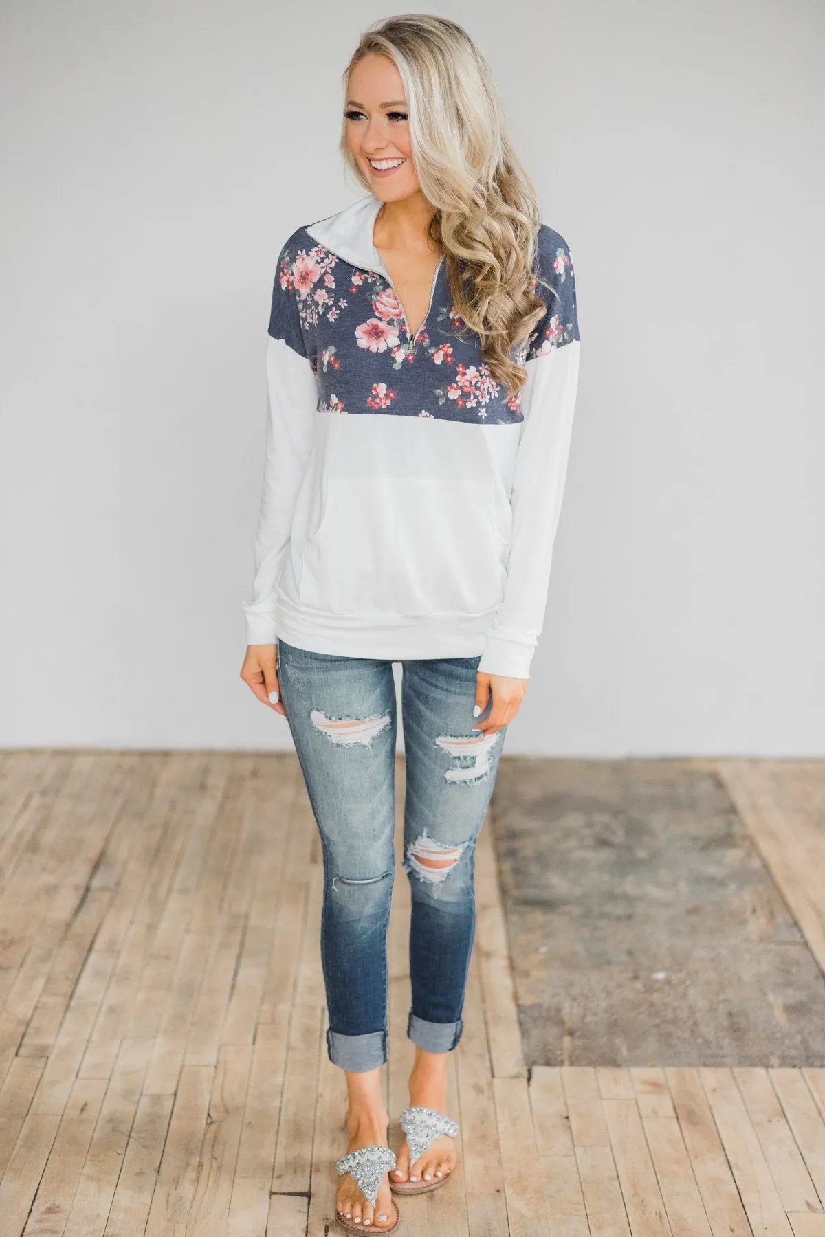 Ivory and Navy Floral Pullover
