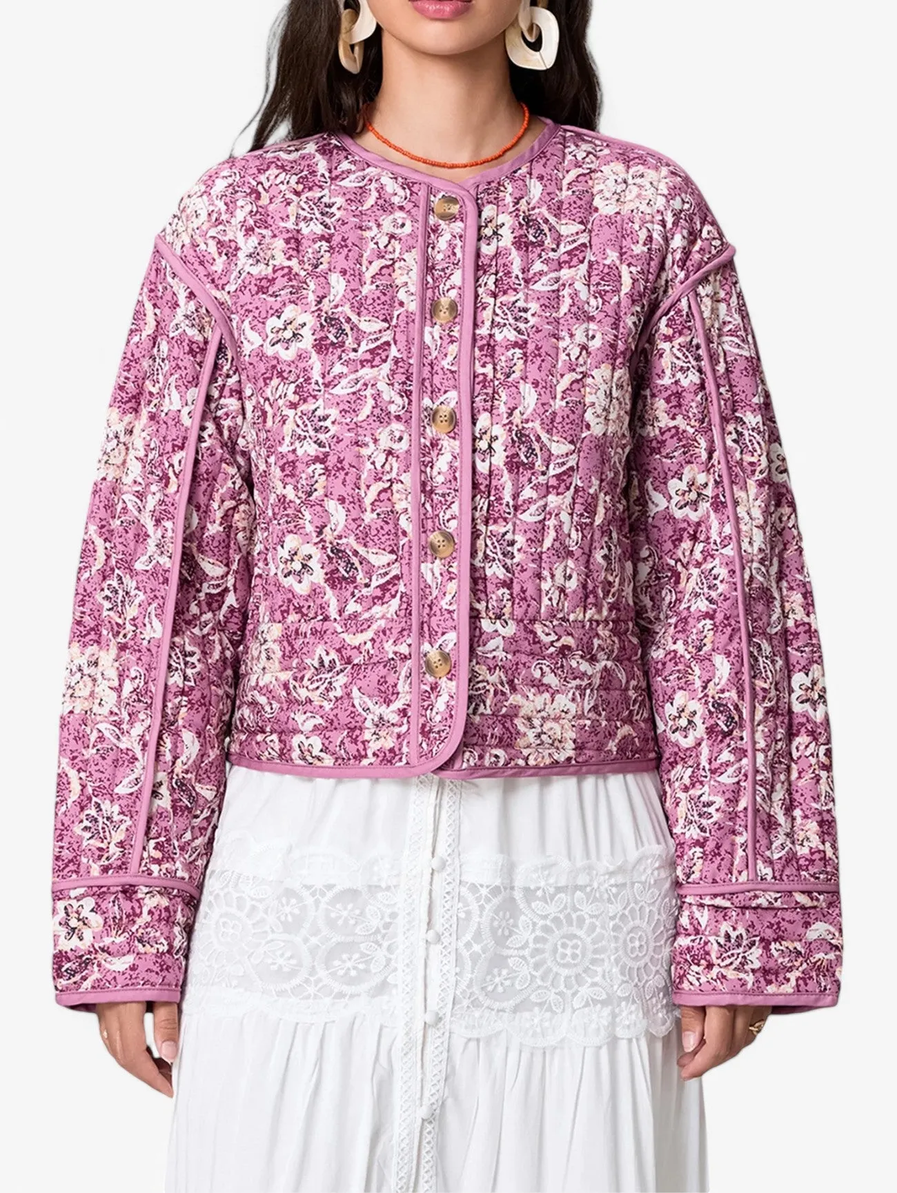 Jada | Women’s Floral Quilted Flower Lightweight Button-Up Puffer Jacket Coat