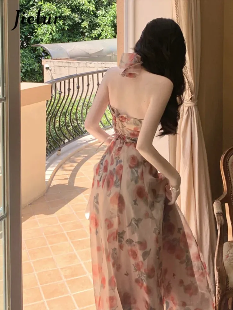 Jielur Floral Chiffon Vintage Halter Backless Dress