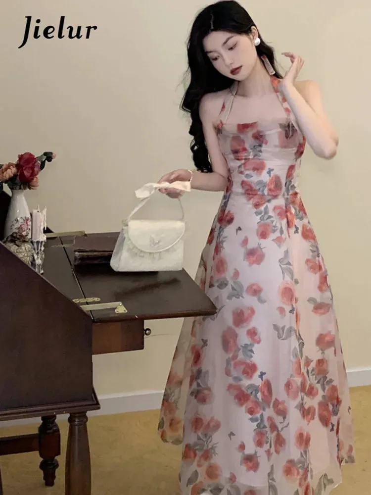 Jielur Floral Chiffon Vintage Halter Backless Dress