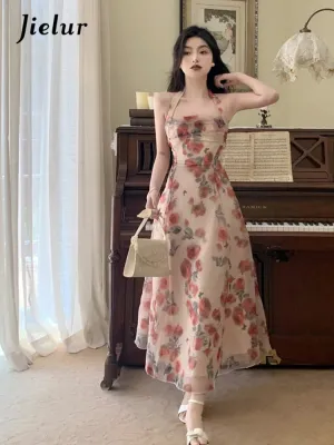 Jielur Floral Chiffon Vintage Halter Backless Dress