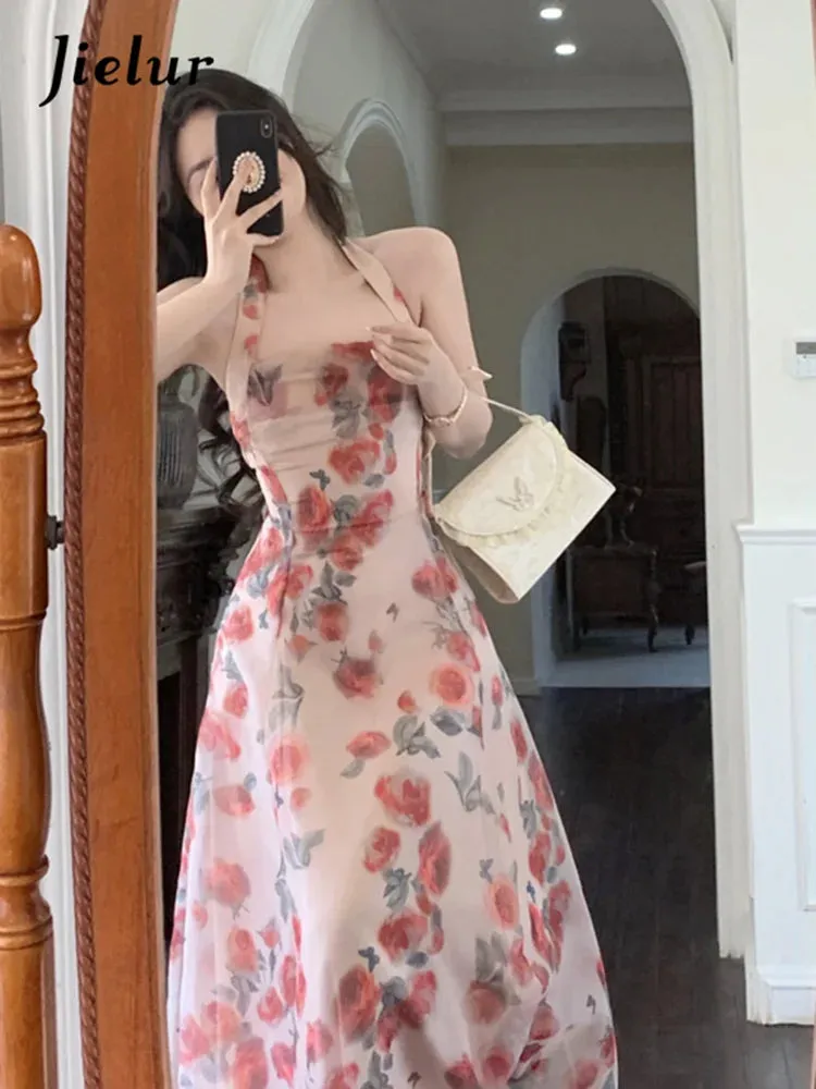Jielur Floral Chiffon Vintage Halter Backless Dress