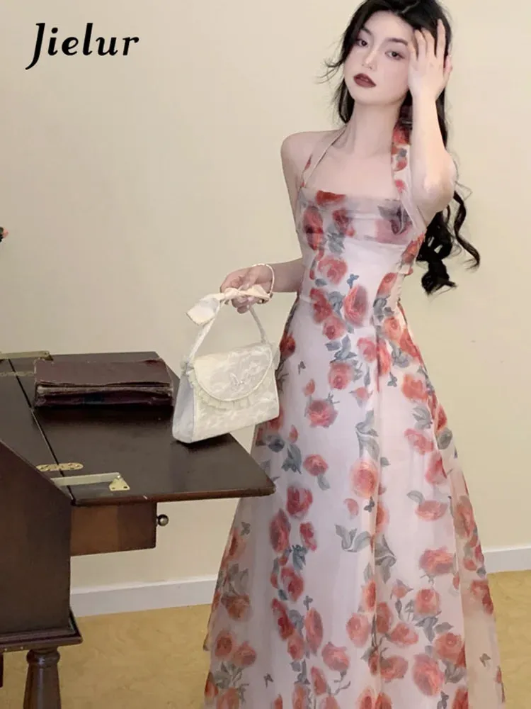 Jielur Floral Chiffon Vintage Halter Backless Dress