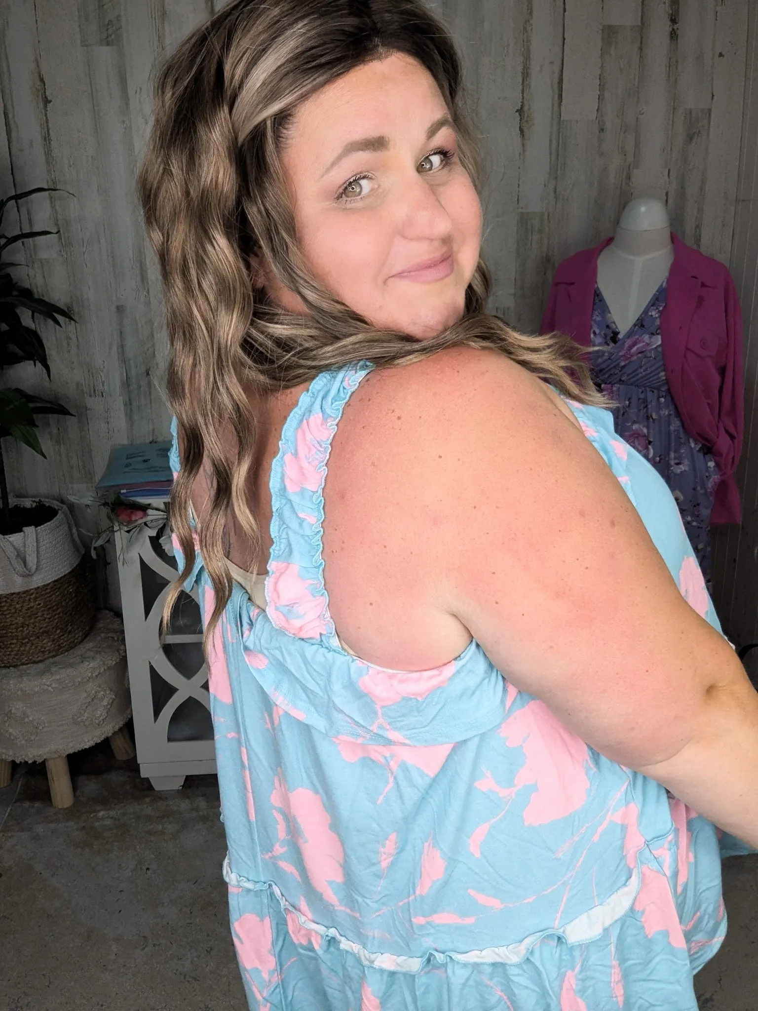 Joey Aqua   Pink Print Tiered Tank