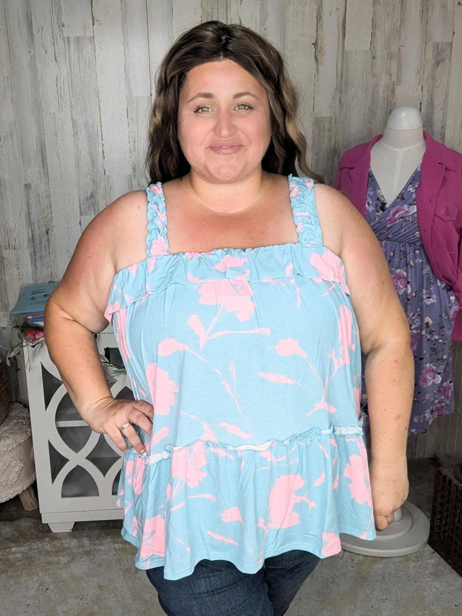 Joey Aqua   Pink Print Tiered Tank
