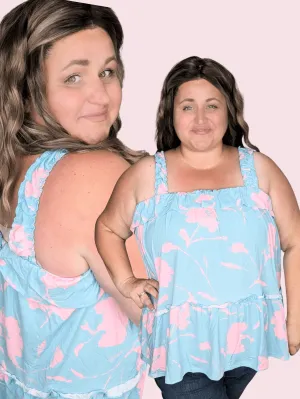 Joey Aqua   Pink Print Tiered Tank