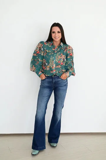 Karlie Turquoise Wagon Chiffon Blouse