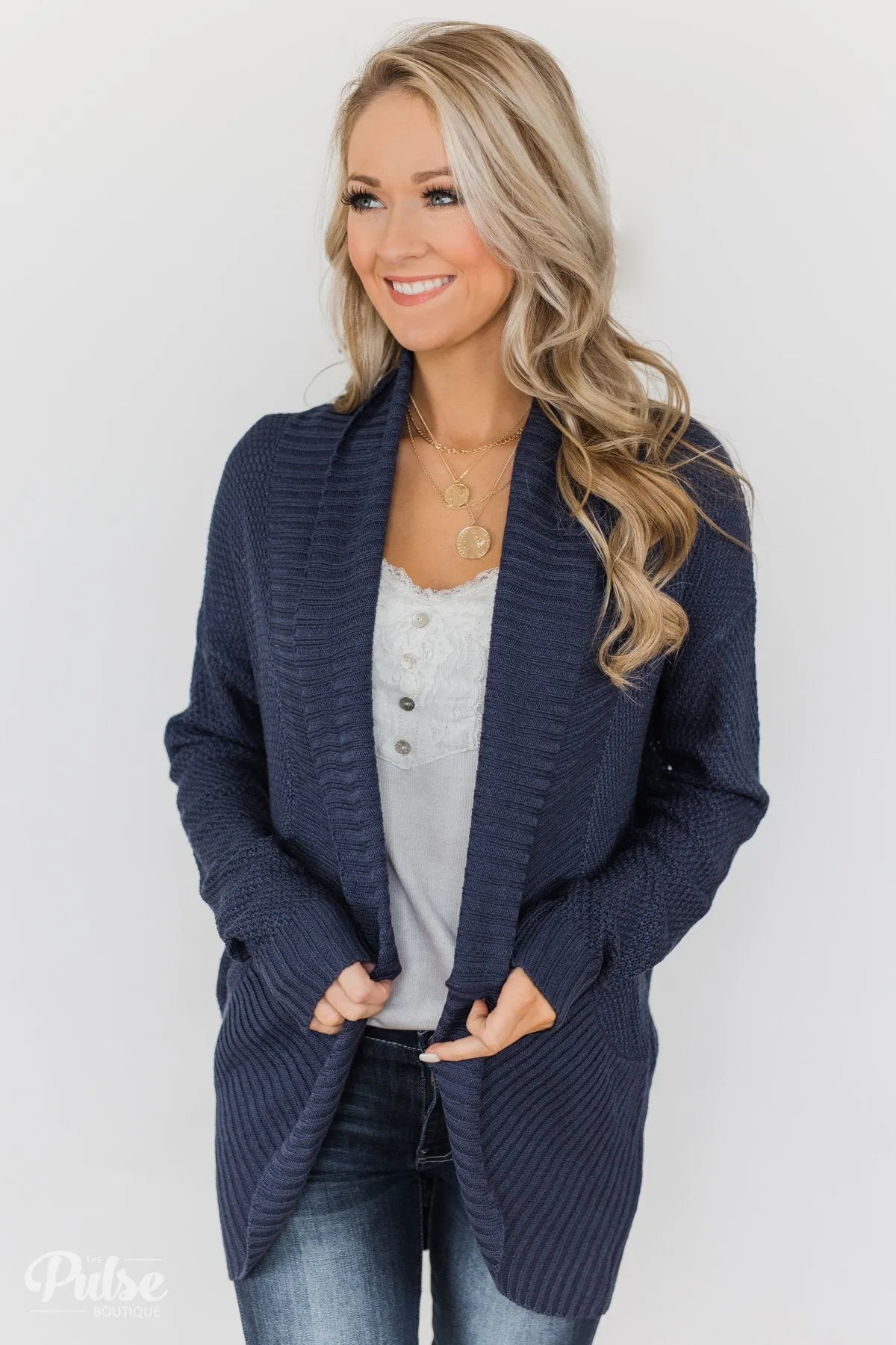 Knitted Drape Cardigan - Navy
