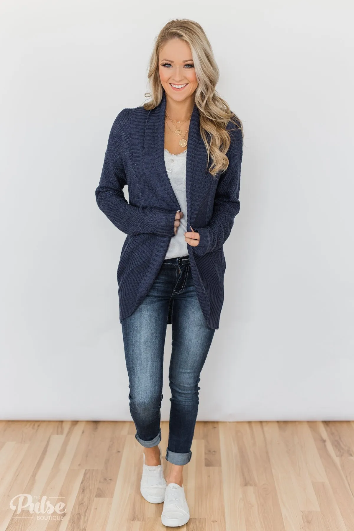 Knitted Drape Cardigan - Navy