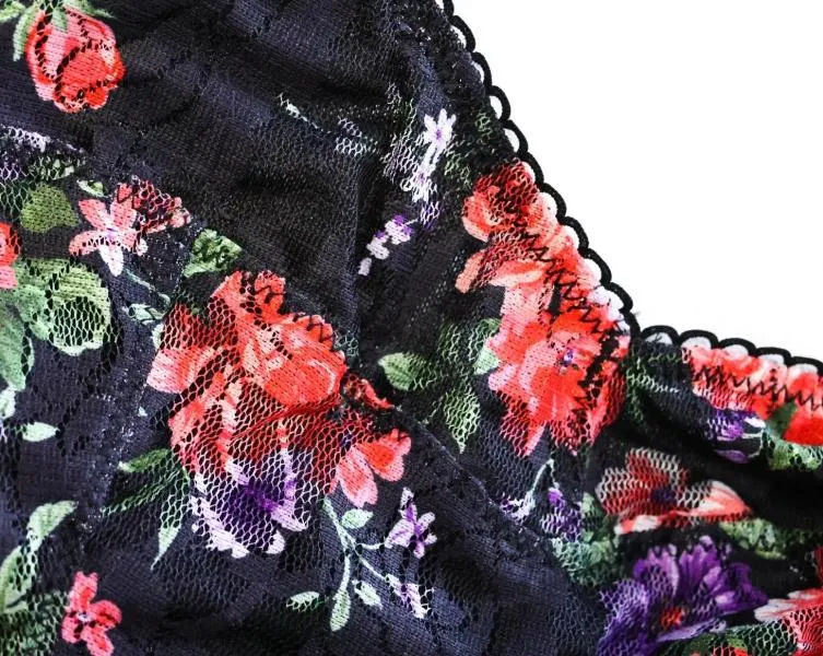 Lace High Leg Thong - Black Floral -