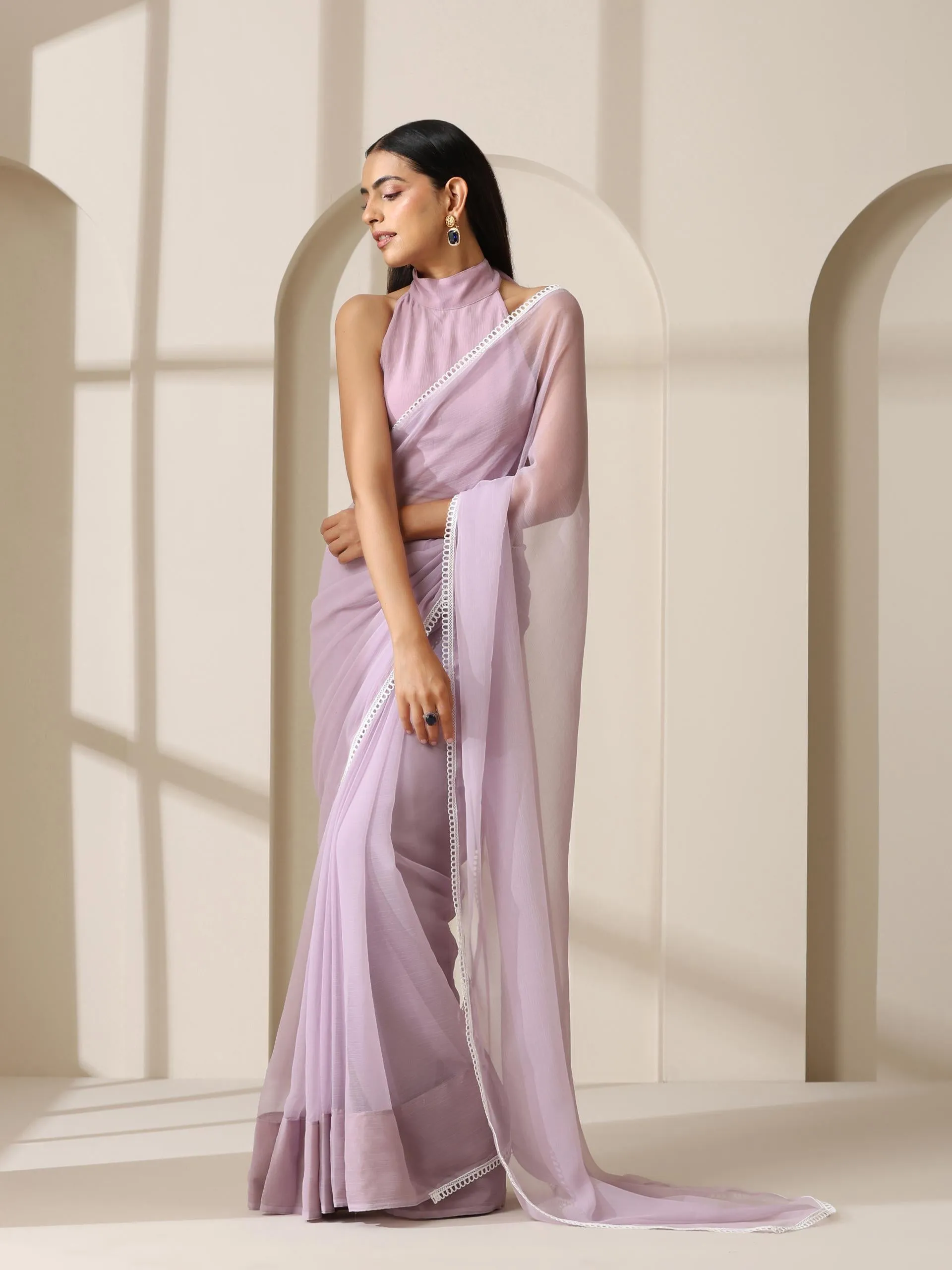 Lavender Chiffon Saree with Lace and Self Fabric Blouse