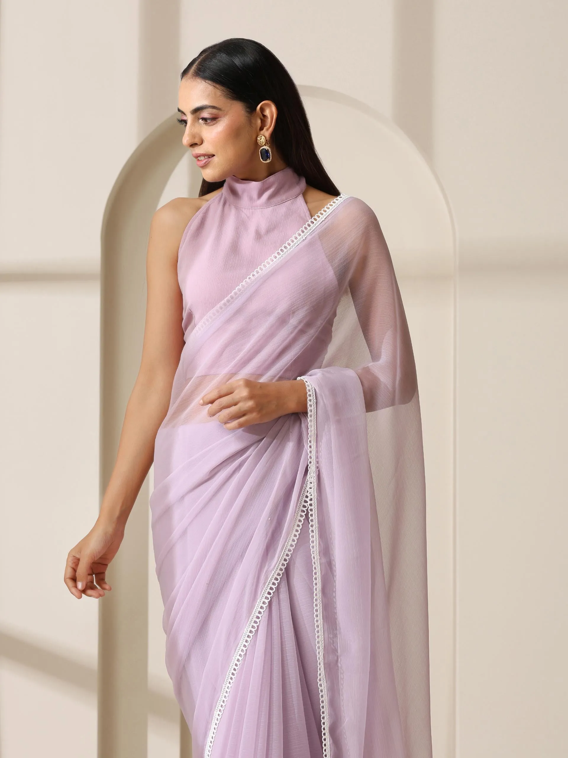 Lavender Chiffon Saree with Lace and Self Fabric Blouse