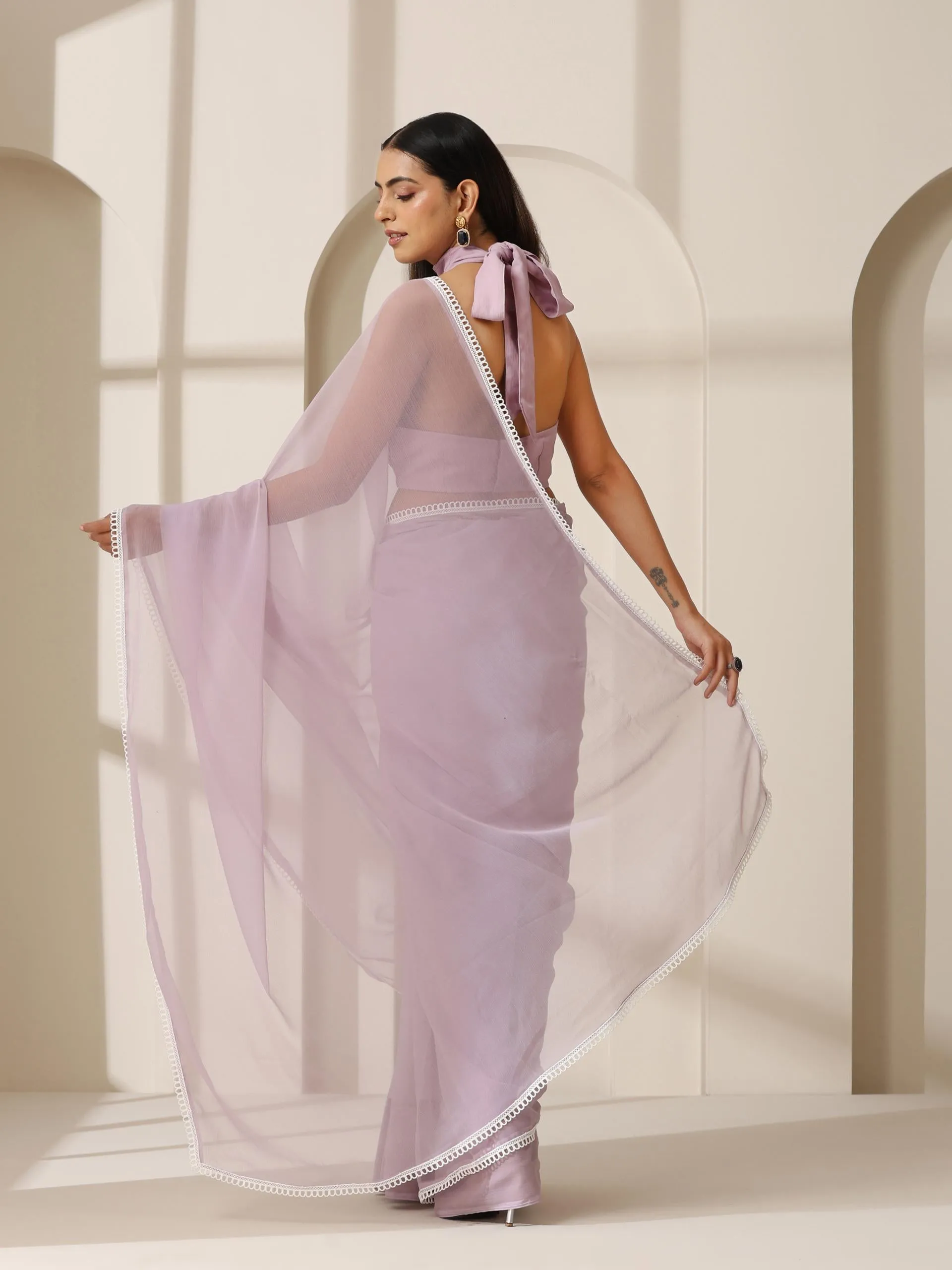 Lavender Chiffon Saree with Lace and Self Fabric Blouse