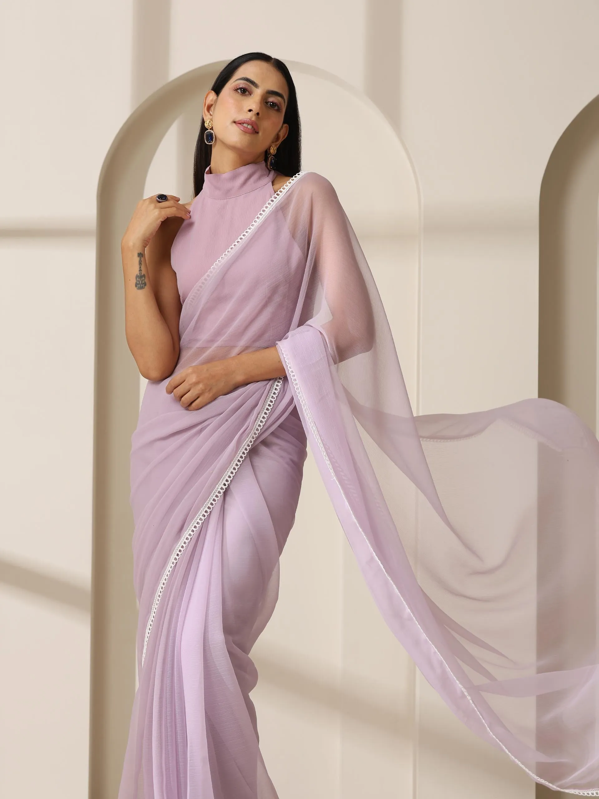 Lavender Chiffon Saree with Lace and Self Fabric Blouse
