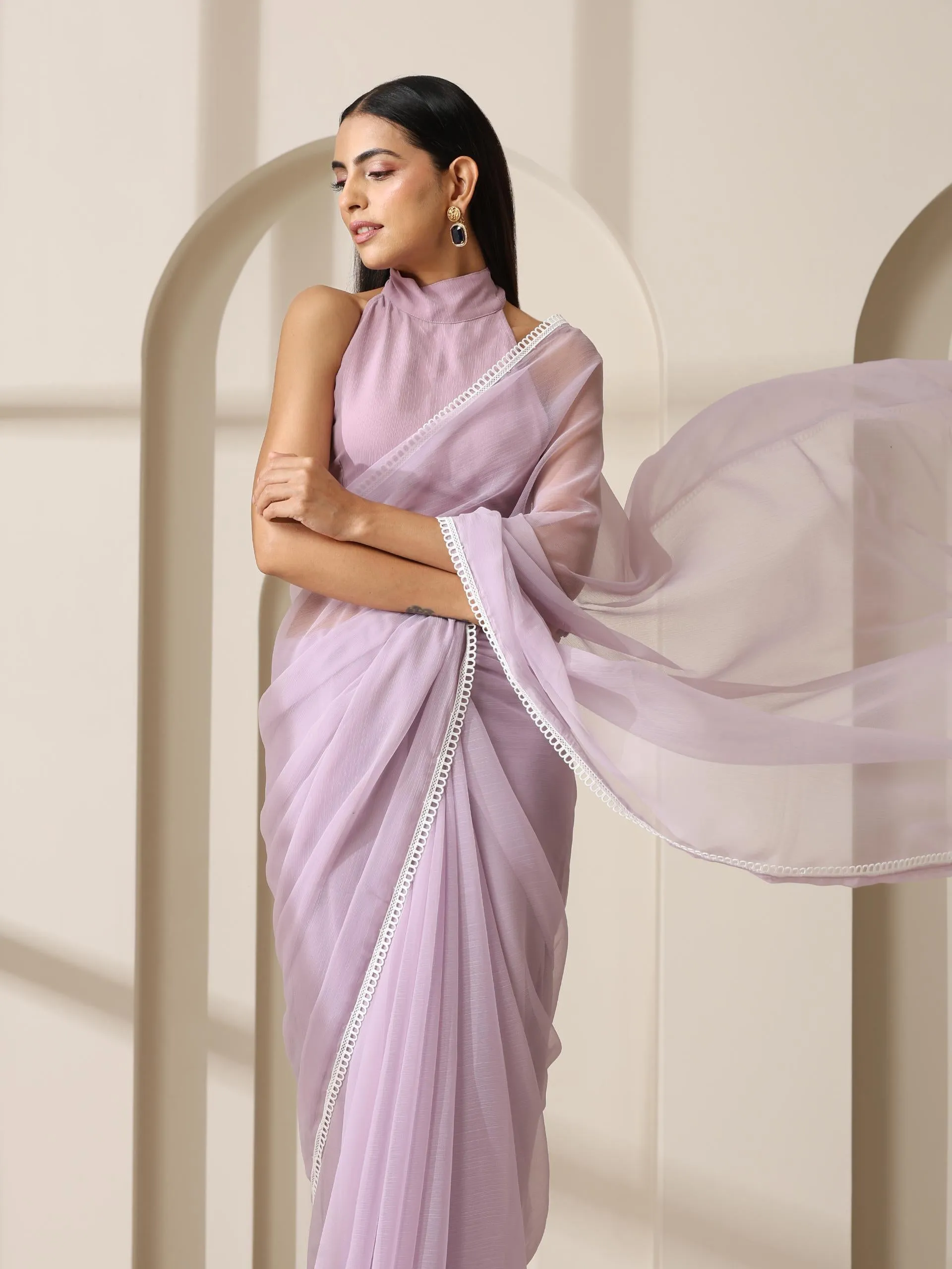 Lavender Chiffon Saree with Lace and Self Fabric Blouse