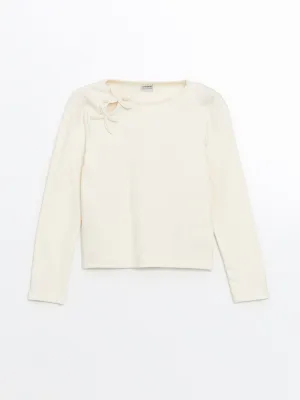 LCW Kids Ecru Crew Neck Bow Detailed Girls Crop T-Shirt