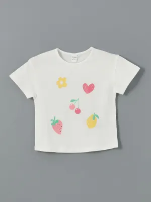 LCW Kids Ecru Crew Neck Printed Combed Cotton Girls T-Shirt
