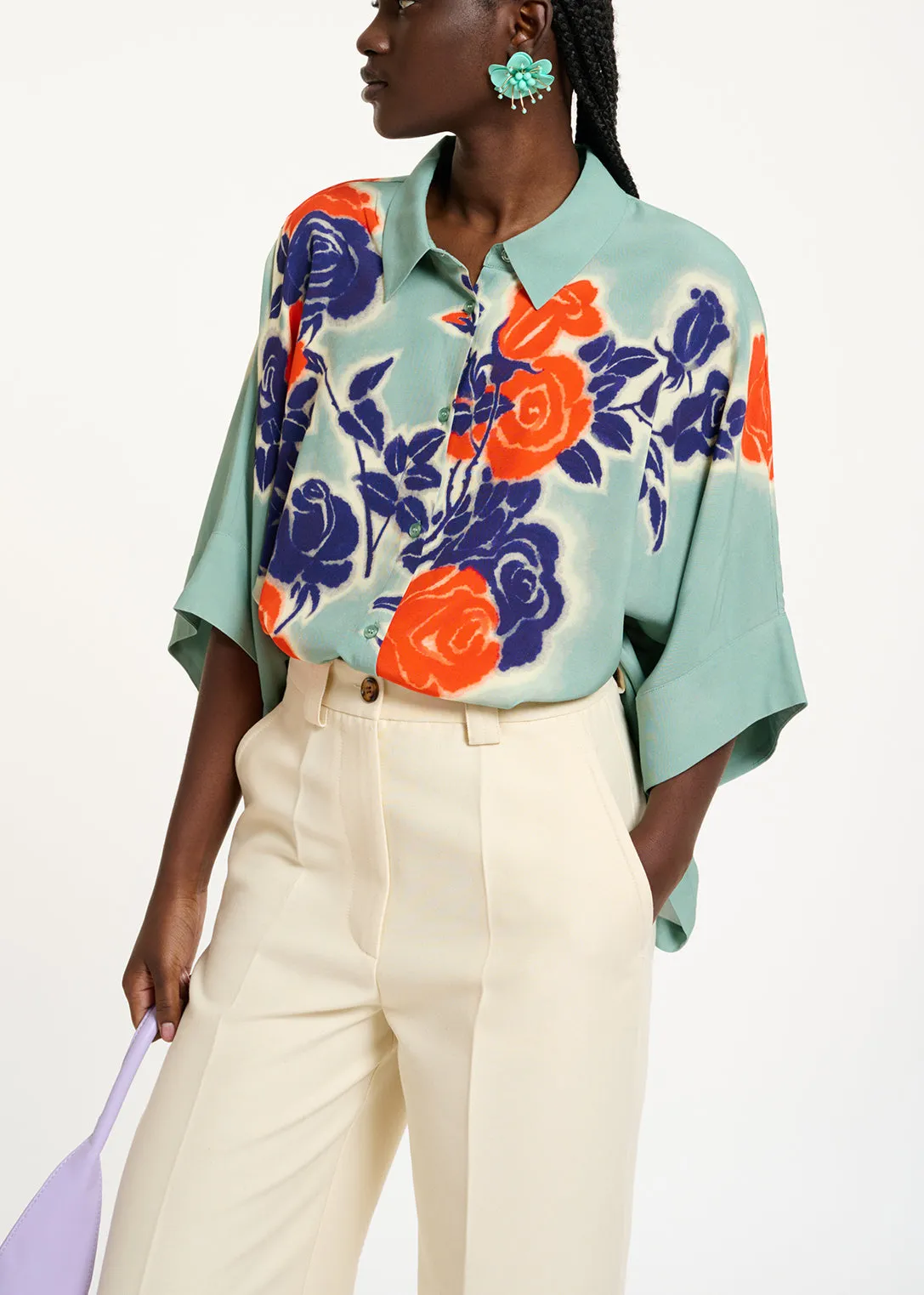 Light blue, blue and orange oversized shirt with floral print