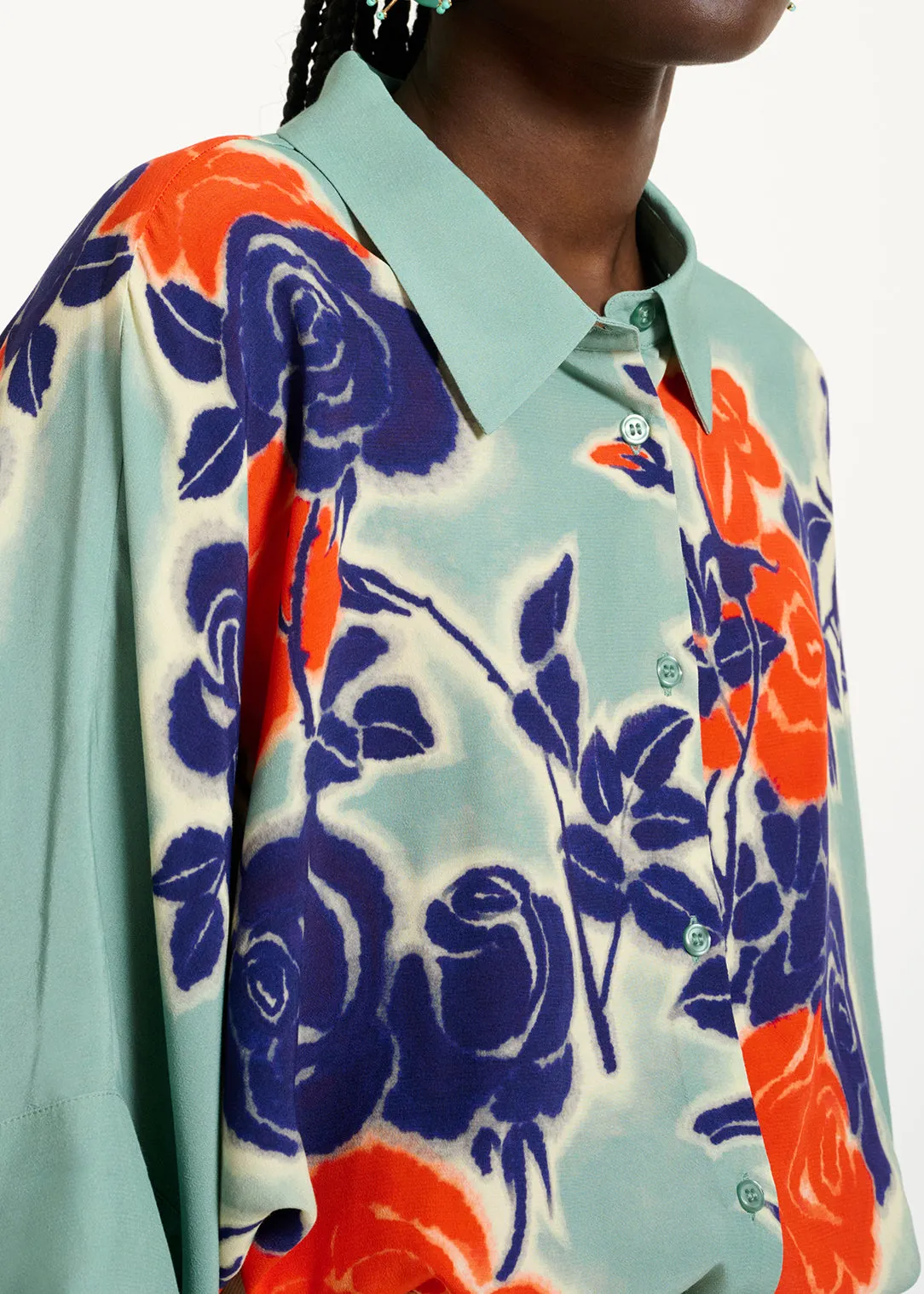 Light blue, blue and orange oversized shirt with floral print