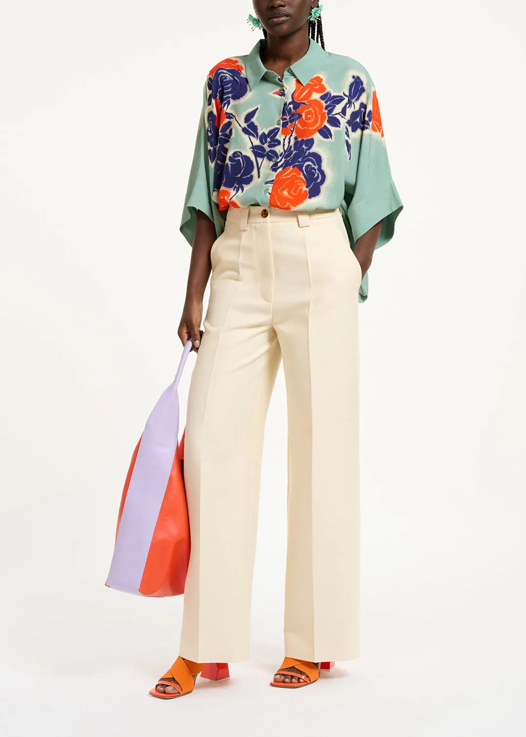 Light blue, blue and orange oversized shirt with floral print