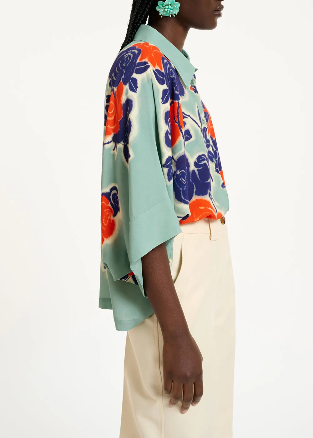 Light blue, blue and orange oversized shirt with floral print