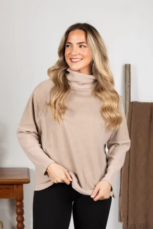 Light Mocha Contrast Soft Knit Mock Neck Top