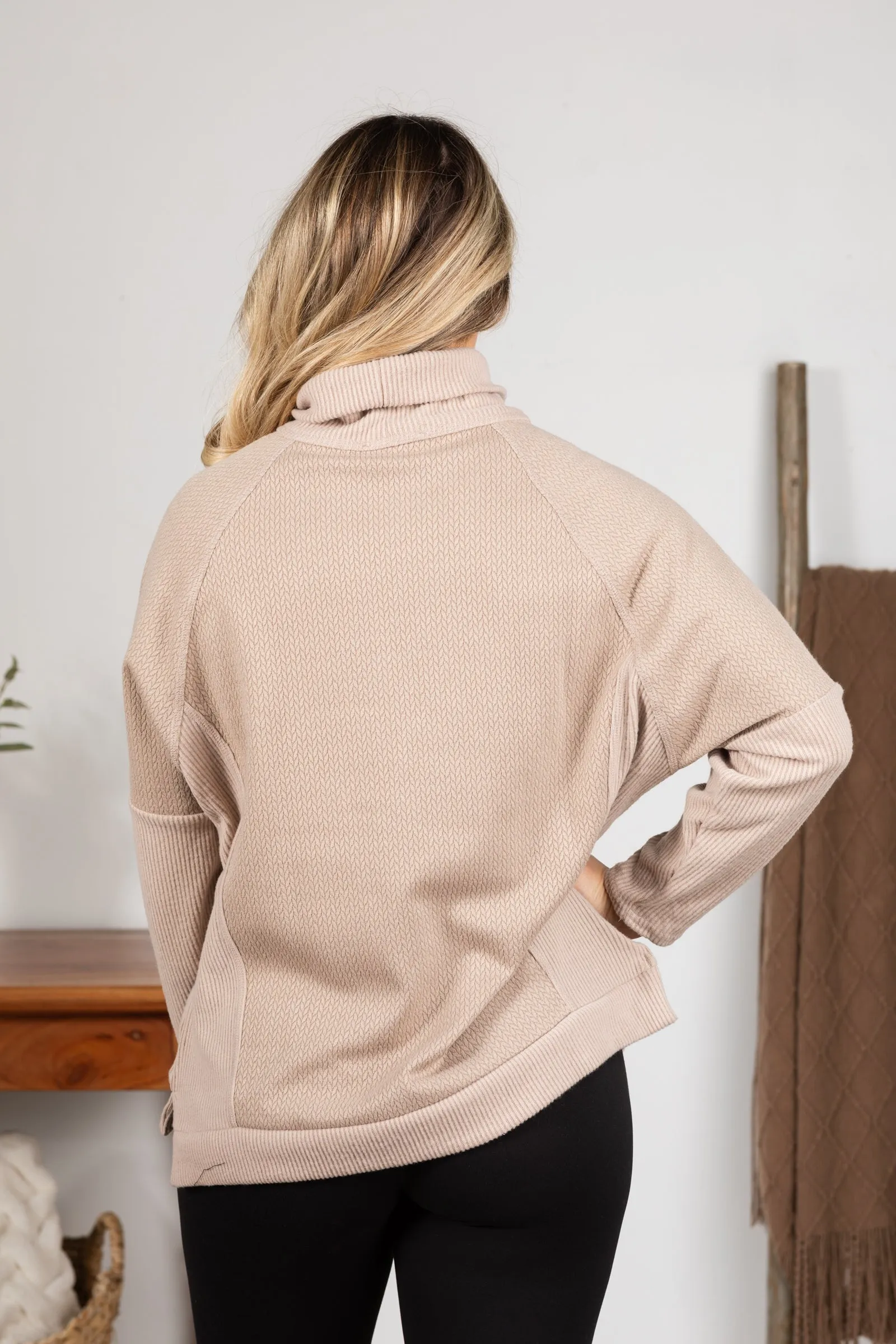 Light Mocha Contrast Soft Knit Mock Neck Top