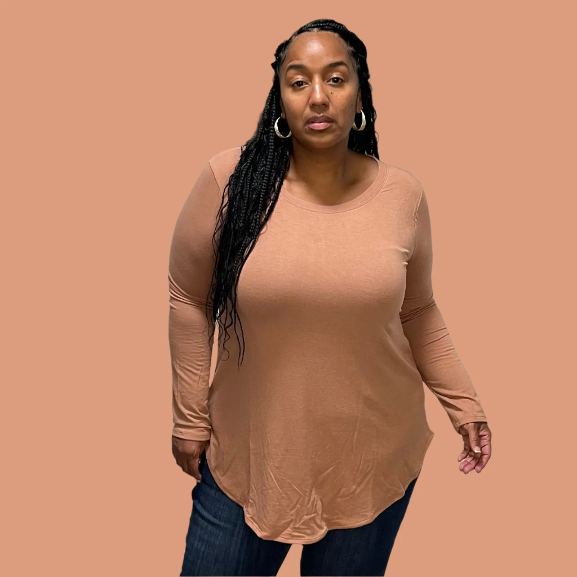 Long Sleeve Round Neck Round Hem Top Plus