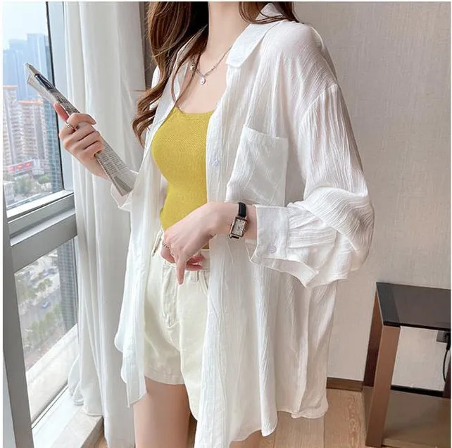 Long Sleeve White Solid Simple Casual Shirt