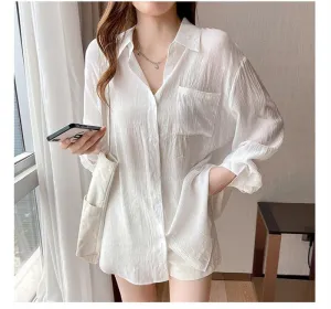 Long Sleeve White Solid Simple Casual Shirt