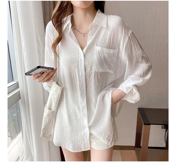 Long Sleeve White Solid Simple Casual Shirt