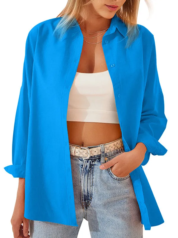 Long Sleeves Loose Buttoned Solid Color Lapel Blouses&Shirts Tops