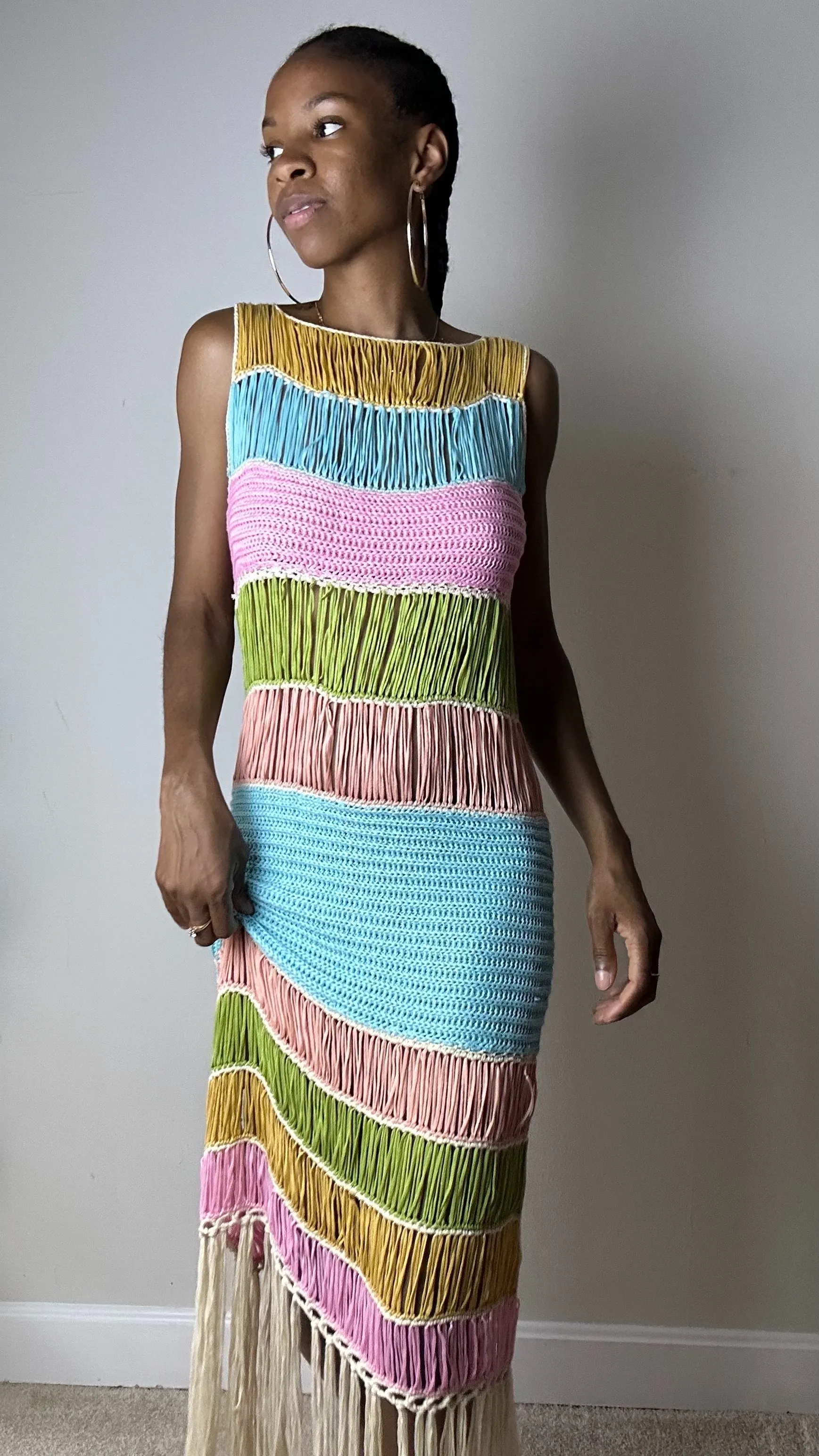 Lost In Paradise Rainbow Fringe Knit Midi Dress
