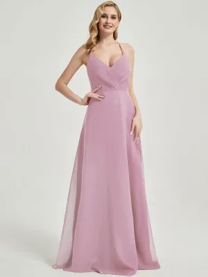 Mauve Pleated Halter V-Neck Backless Maxi Chiffon Bridesmaid Dress