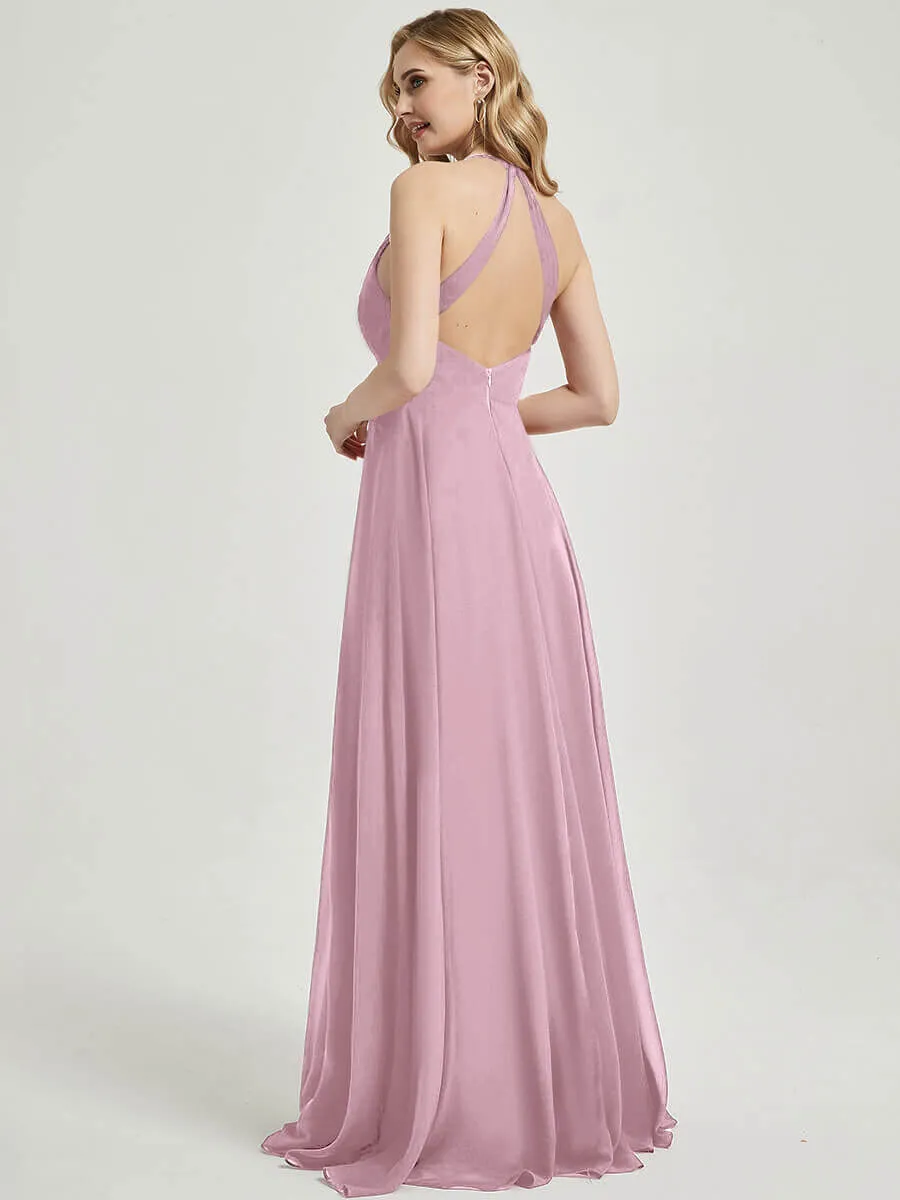 Mauve Pleated Halter V-Neck Backless Maxi Chiffon Bridesmaid Dress