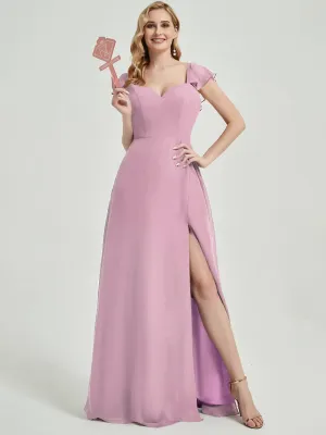 Mauve Ruffle Cap Sleeve V-Neck Floor Length Bridesmaid Dress With Slit