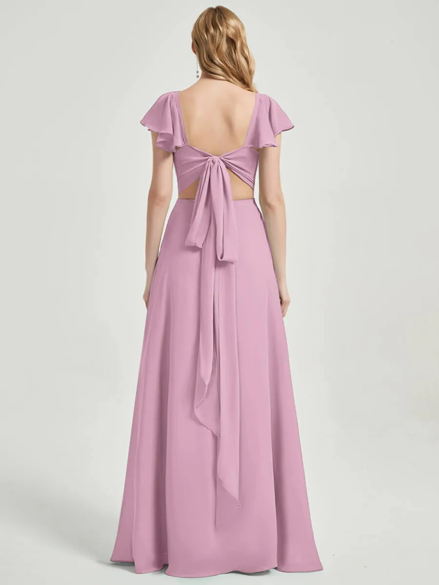 Mauve Ruffle Cap Sleeve V-Neck Floor Length Bridesmaid Dress With Slit