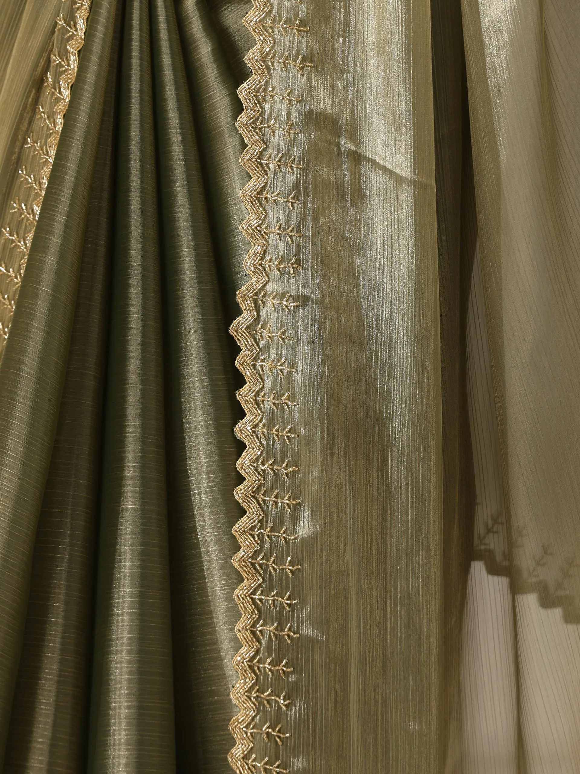 Mermaid Dream Hand Cut Dana Embroidery Green Satin Chiffon Saree with Blouse Fabric