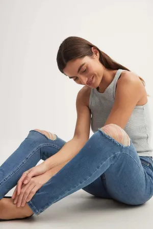 Mid Blue Skinny High Waist Destroyed Jeans - Trendy & Edgy