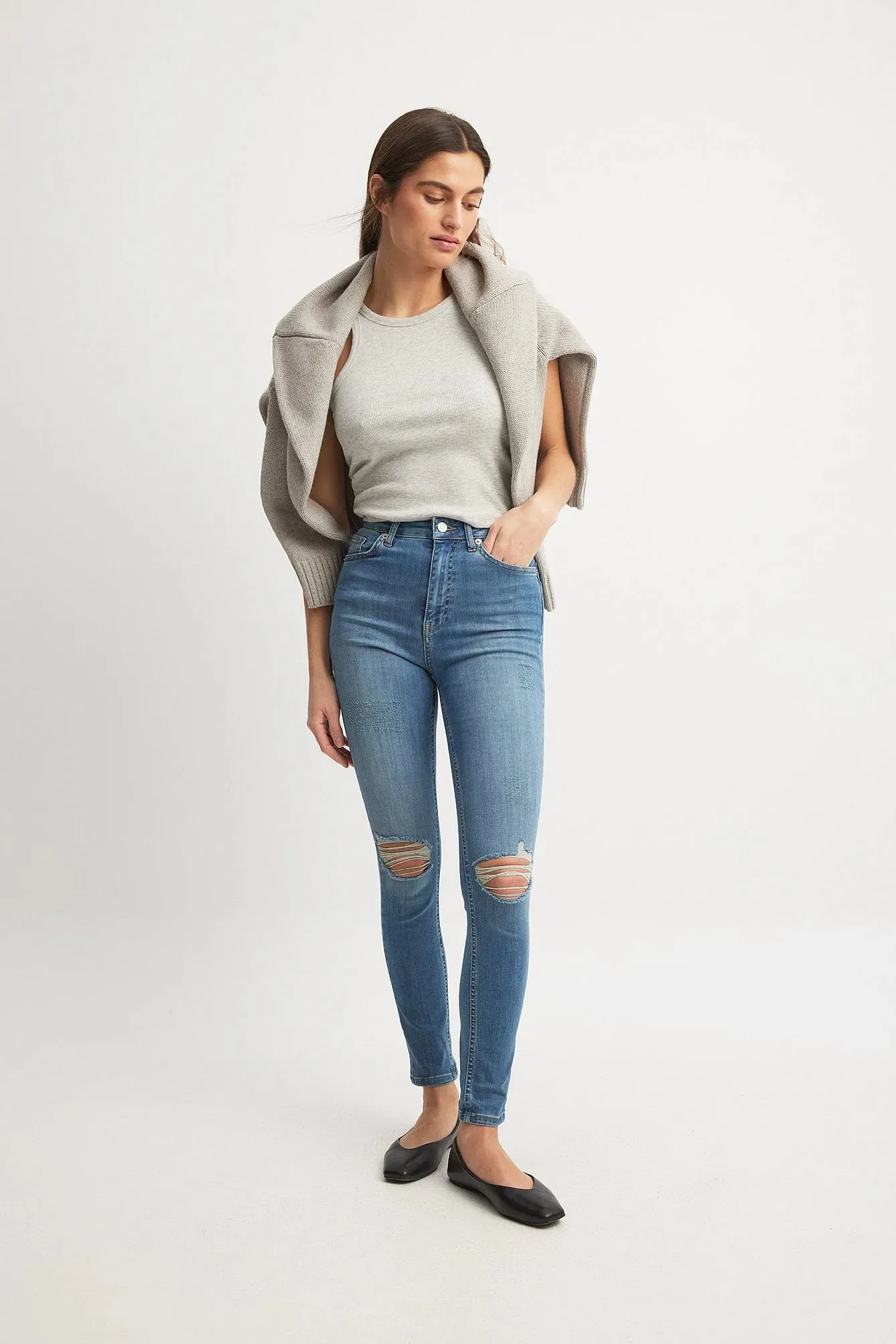 Mid Blue Skinny High Waist Destroyed Jeans - Trendy & Edgy
