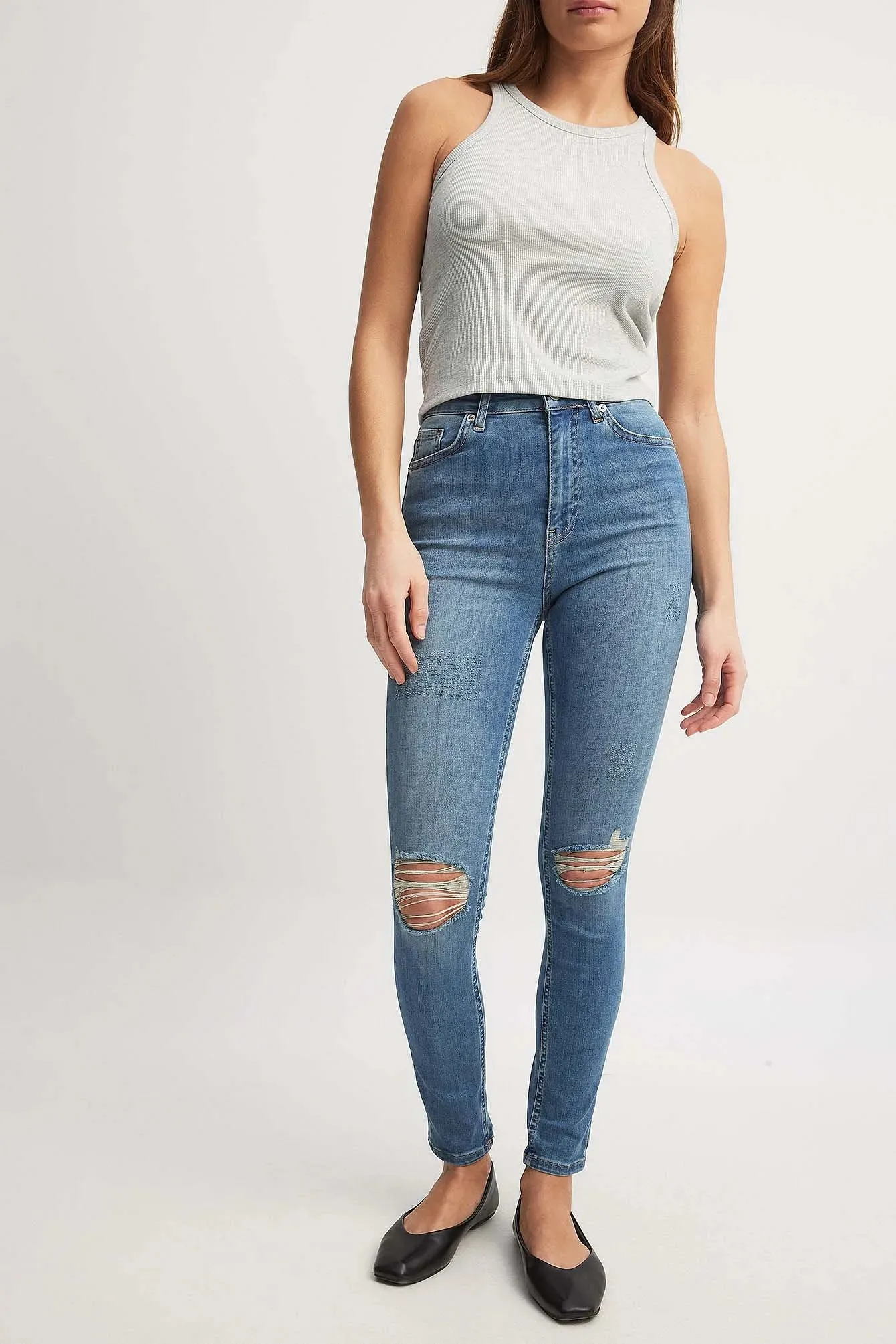 Mid Blue Skinny High Waist Destroyed Jeans - Trendy & Edgy