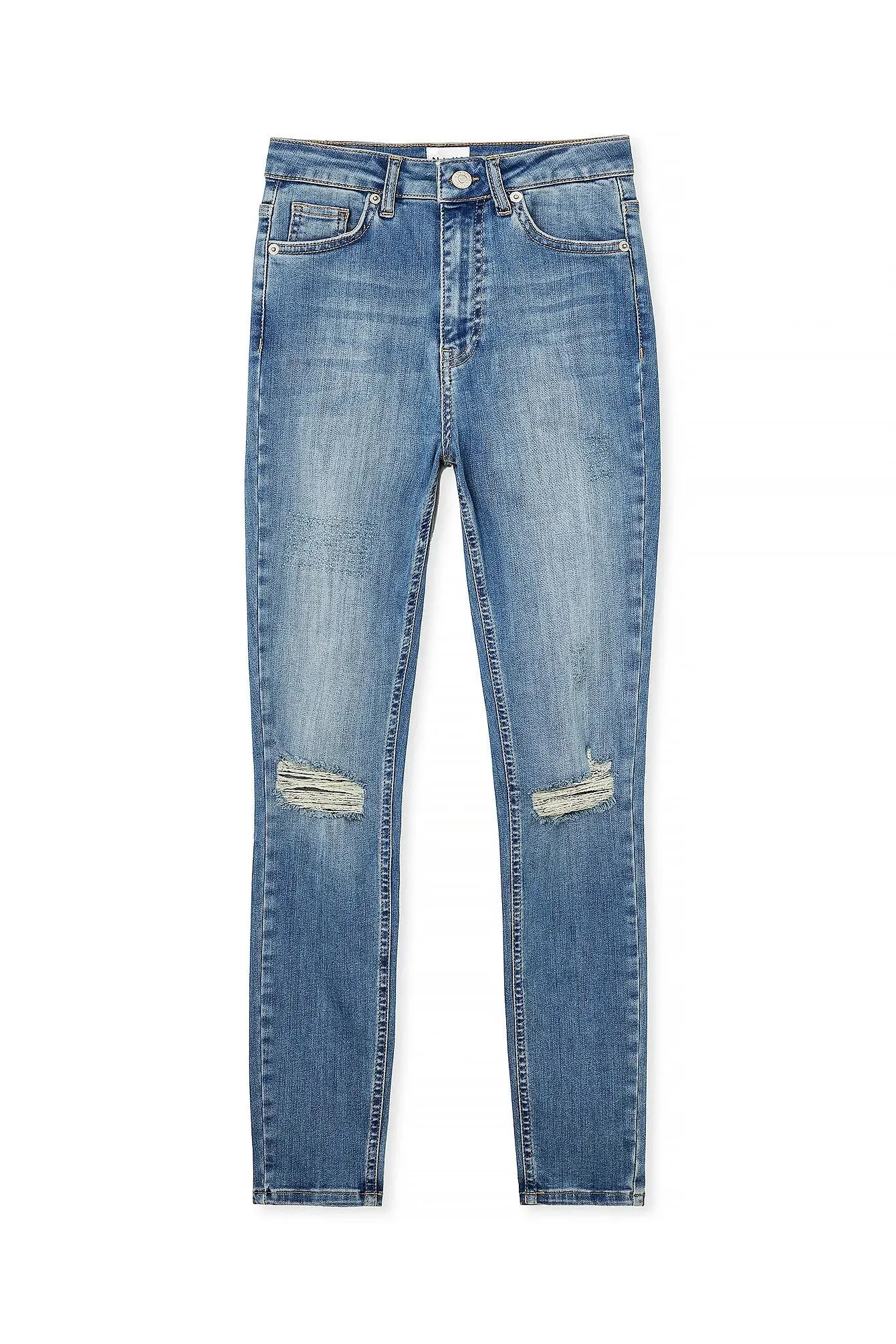Mid Blue Skinny High Waist Destroyed Jeans - Trendy & Edgy