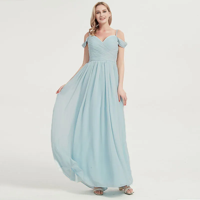 Mist Spaghetti Straps Pleated Chiffon Floor Length Bridesmaid Dress