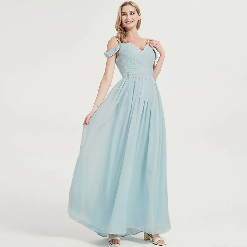 Mist Spaghetti Straps Pleated Chiffon Floor Length Bridesmaid Dress