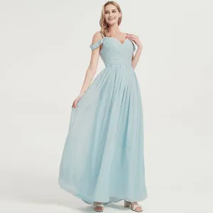 Mist Spaghetti Straps Pleated Chiffon Floor Length Bridesmaid Dress