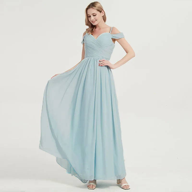 Mist Spaghetti Straps Pleated Chiffon Floor Length Bridesmaid Dress