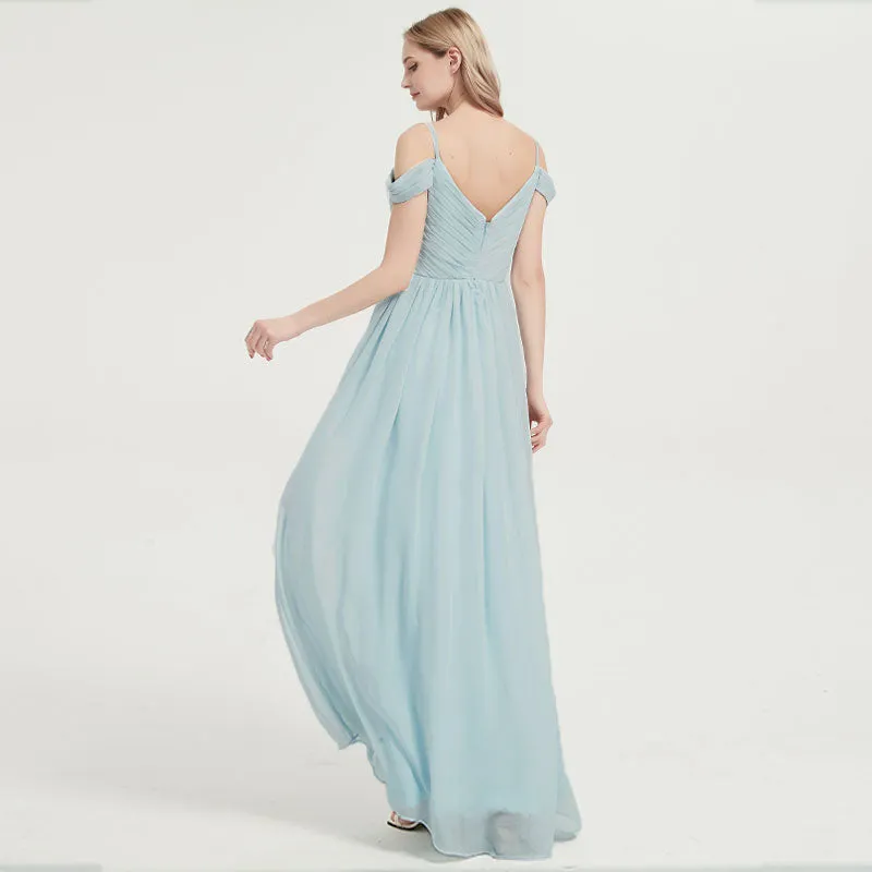 Mist Spaghetti Straps Pleated Chiffon Floor Length Bridesmaid Dress