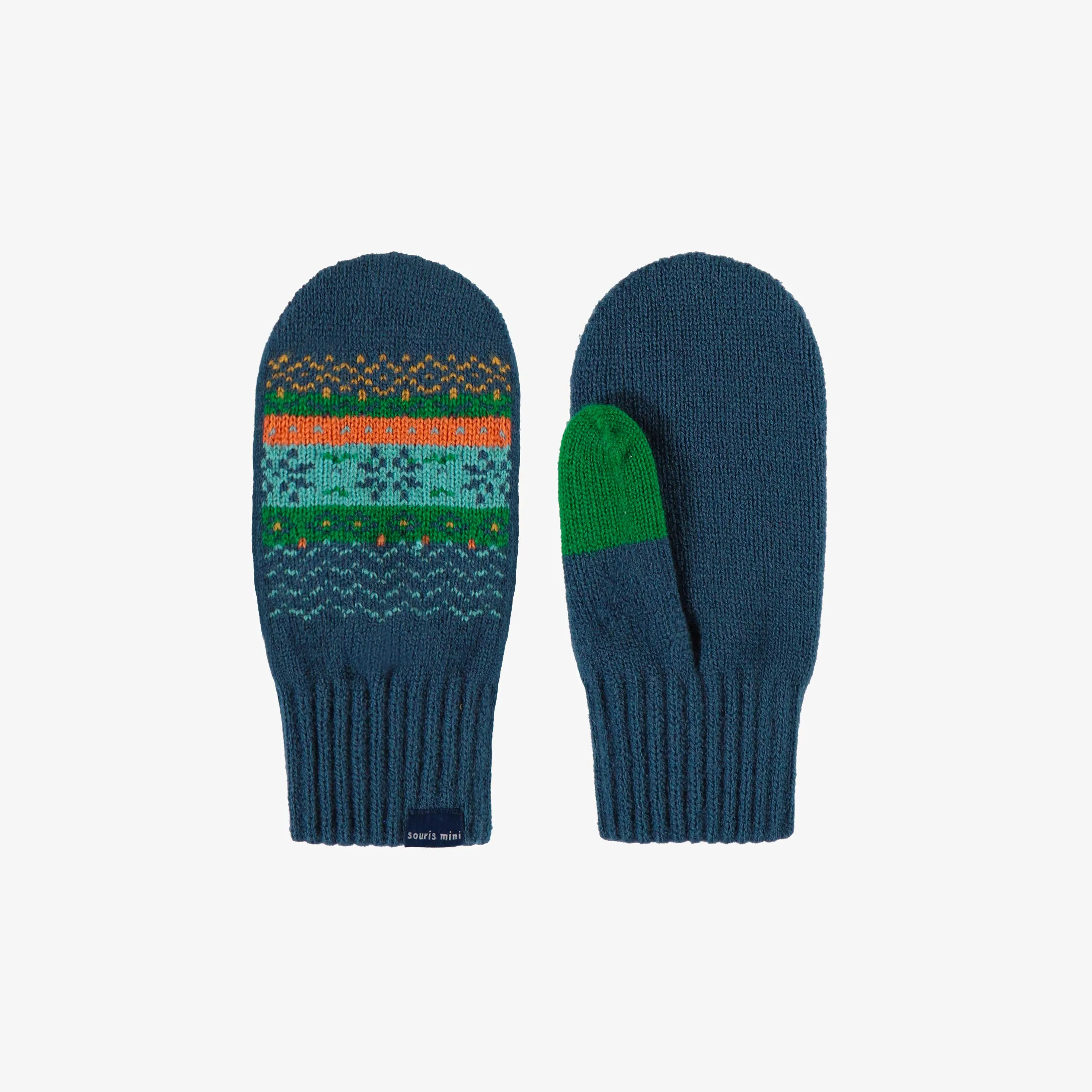Mitaines bleues, vertes et orange à motifs en tricot, enfant || Blue, green and orange knitted mittens with print and cord, child