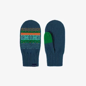 Mitaines bleues, vertes et orange à motifs en tricot, enfant || Blue, green and orange knitted mittens with print and cord, child