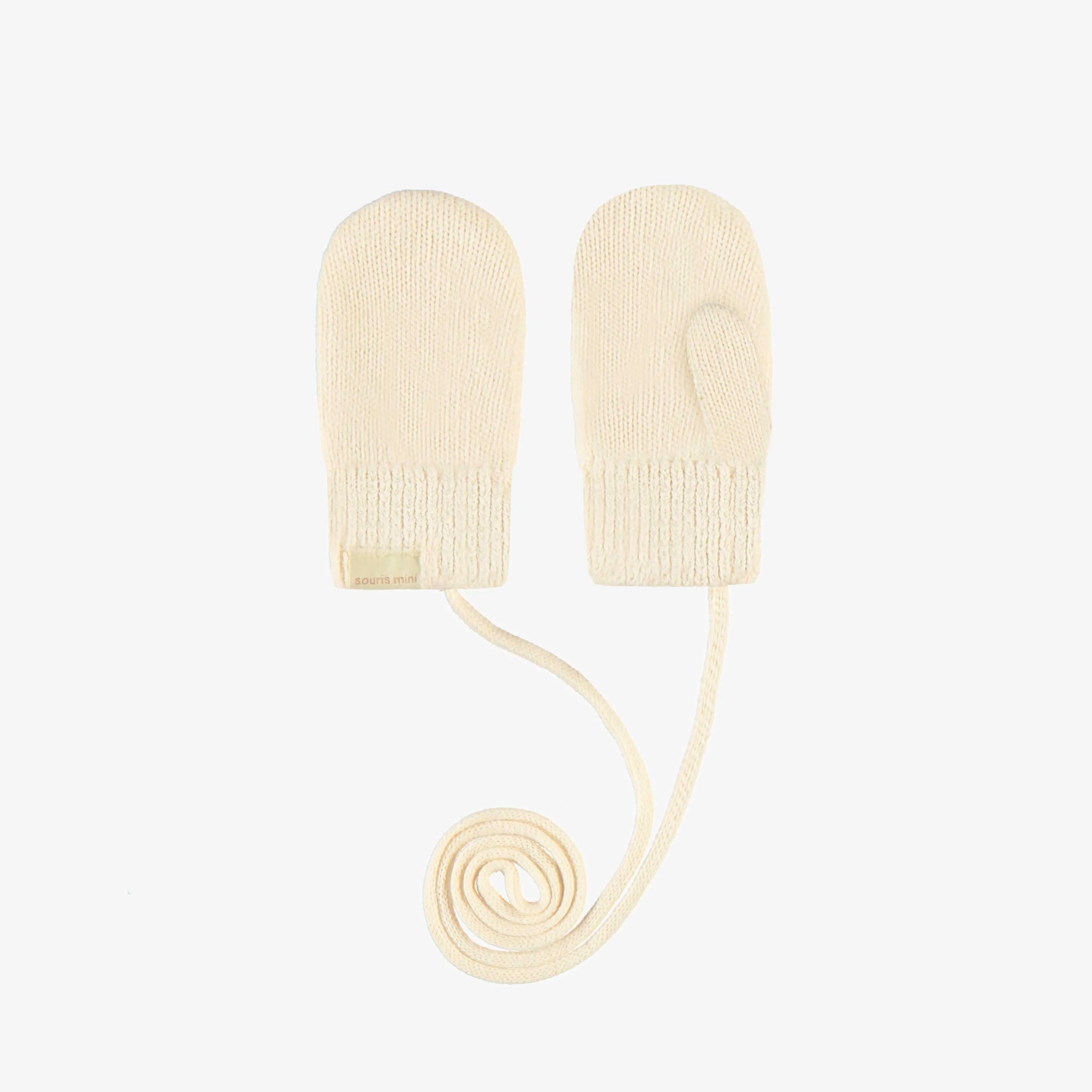 Mitaines crème en tricot avec cordon, bébé || Cream knitted mittens with string, baby